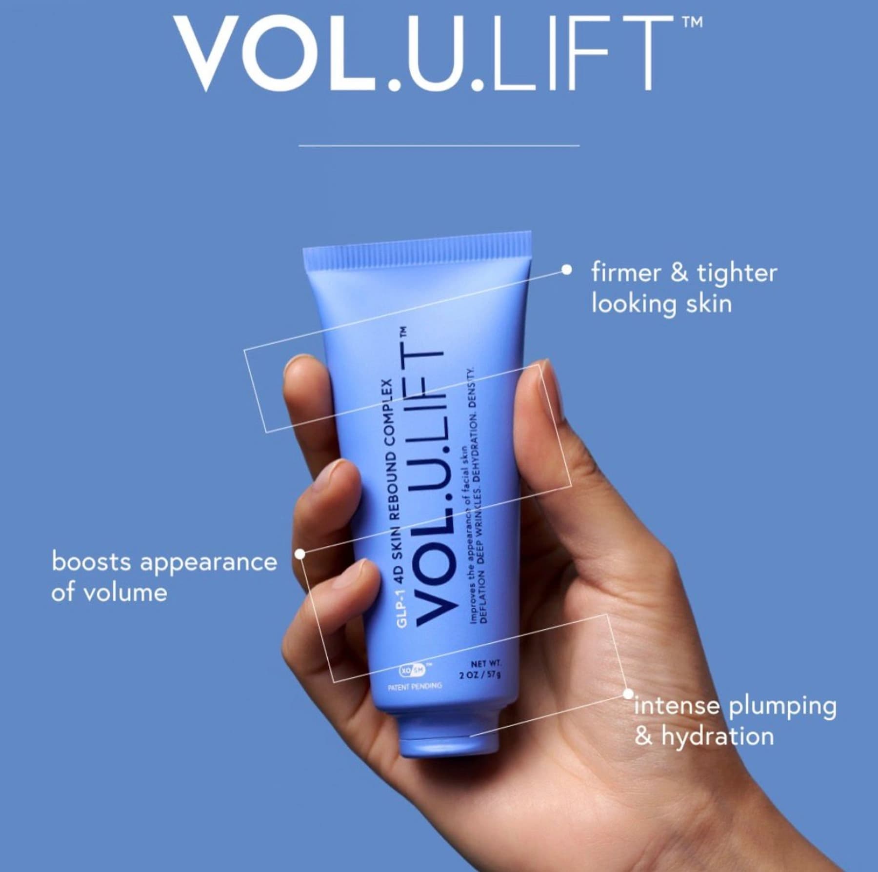 Vol.U.Lift GLP-1 4D Skin Rebound Complex 57g tube held in hand